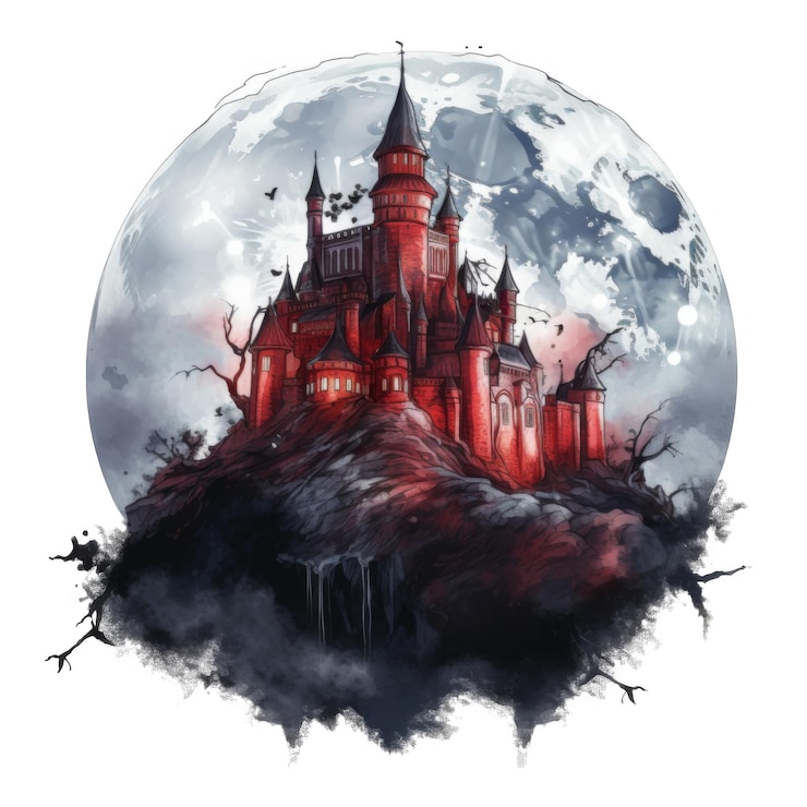 PSD um castelo gótico vermelho empoleirado no topo de uma colina iluminado pela lua cheia