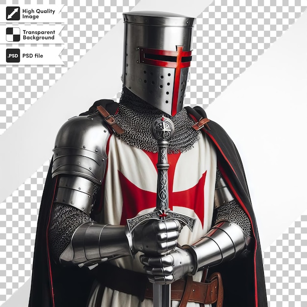 PSD um cavaleiro com uma espada e um escudo com um fundo vermelho e branco