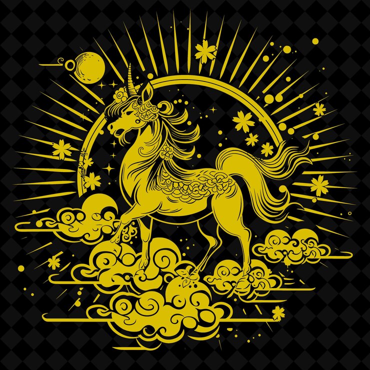 PSD um cavalo amarelo com um fundo dourado com uma lua dourada e estrelas