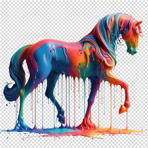 Um cavalo com uma cauda de cor arco-íris é desenhado em um fundo branco