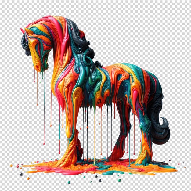 PSD um cavalo com uma crina colorida é coberto de líquido colorido