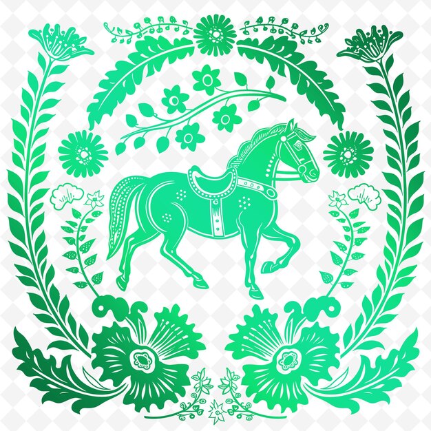 PSD um cavalo verde com flores e um cavalo em círculo