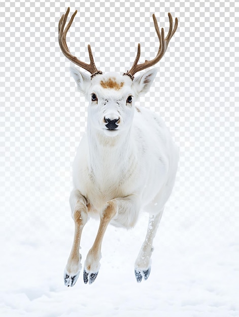 Um cervo branco alegre com chifres pretos pulando na nevada Sibéria