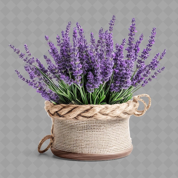 Um cesto de flores de lavanda com um fundo de uma grade