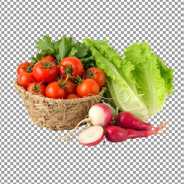 um cesto de vegetais, incluindo rabanetos, rabanetos e rabanetos