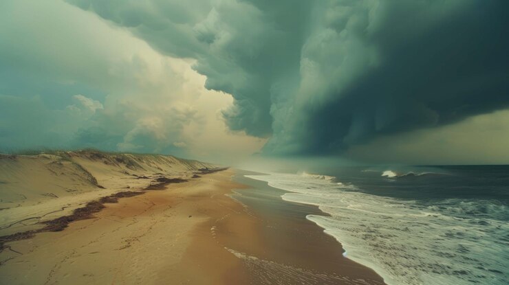 PSD um céu dramático e tempestuoso paira sobre uma praia de areia e um vasto oceano azul