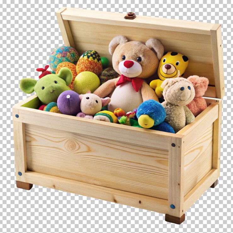PSD um charmoso baú de brinquedos cheio de brinquedo de pelúcia e jogos
