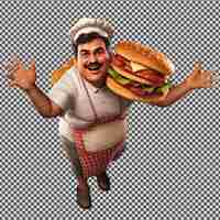 PSD um chef com um hambúrguer em sua cabeça está segurando um hamburguer enorme