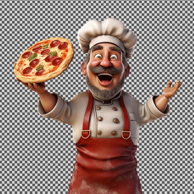 Um chef com uma pizza na cabeça e uma pizza no prato