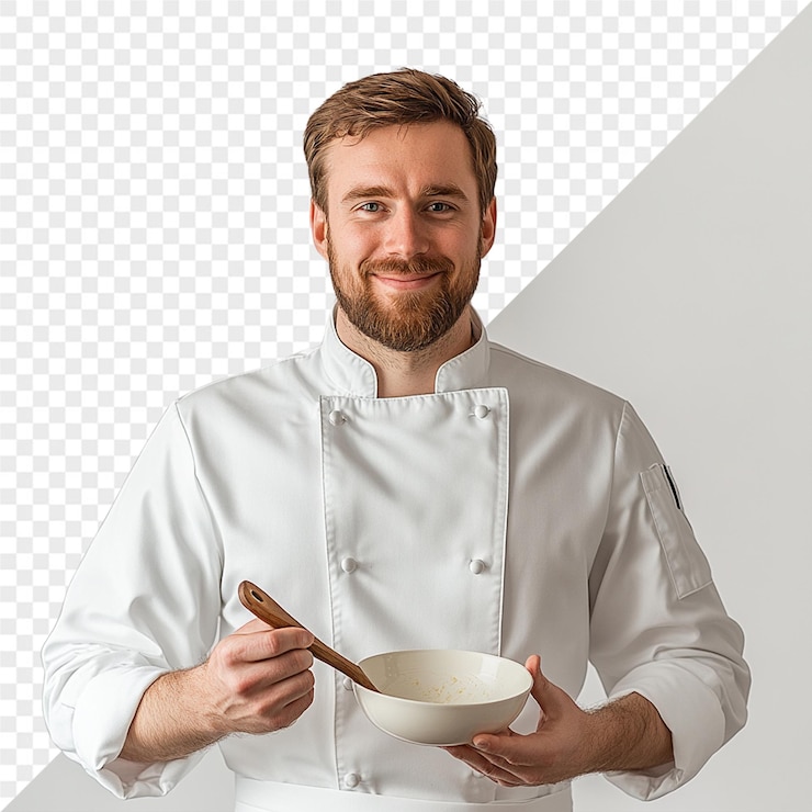 PSD um chef com uma tigela de sopa e uma colher nela