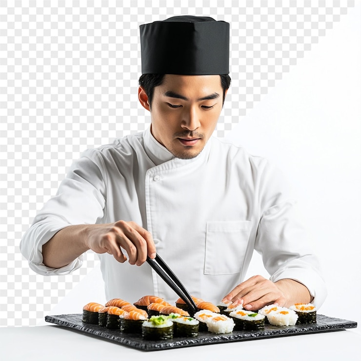 PSD um chef prepara sushi em uma bandeja com um bastão de plástico preto