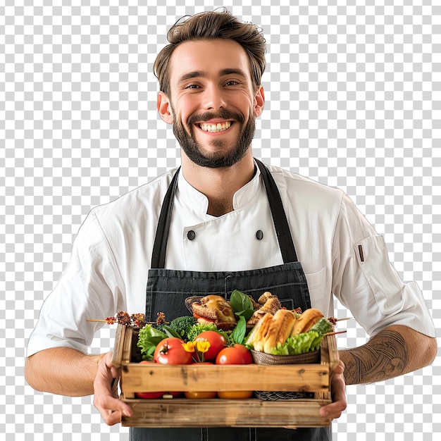 PSD um chef segurando uma bandeja de comida com uma foto de um homem segurando uma faixa de comida