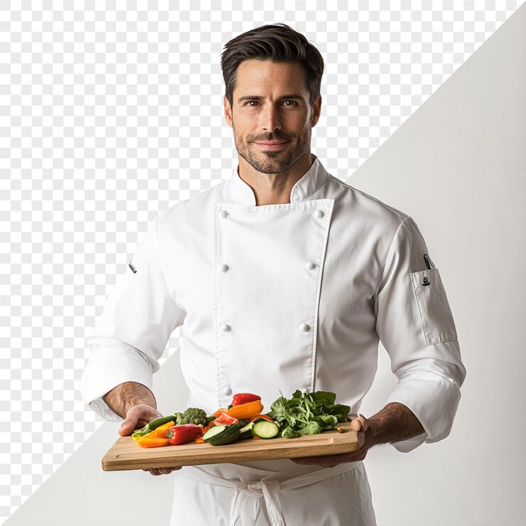 PSD um chef segurando uma bandeja de vegetais com uma foto de um chef segurado uma bandeja de vegetais