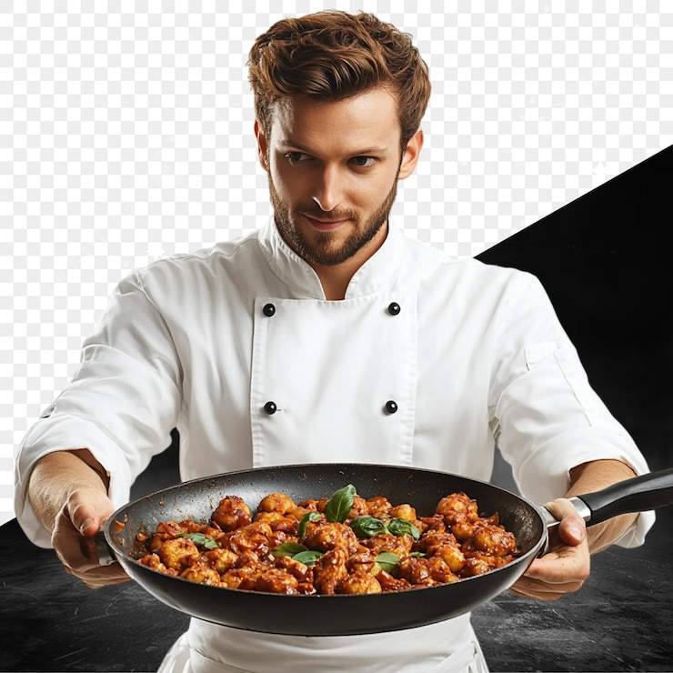 PSD um chef segurando uma panela de comida com a palavra chef nela