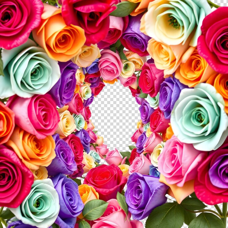 PSD um círculo colorido de rosas é cercado por um arco-íris de cores