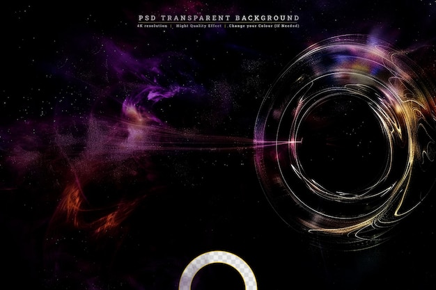 PSD um círculo luminoso, giratório, elegante e brilhante, um túnel espacial de partículas em fundo transparente.