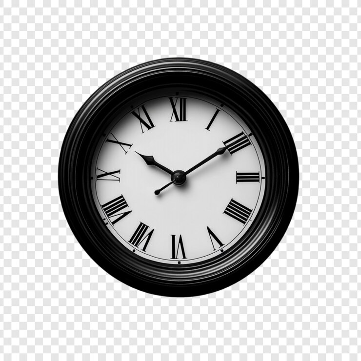 PSD um clássico relógio de parede preto e branco com números romanos mostrando a hora isolado em fundo transparente