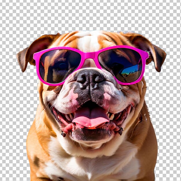 PSD um close de um bulldog inglês feliz com óculos de sol belo cão pronto para a praia de verão isolado em fundo transparente png