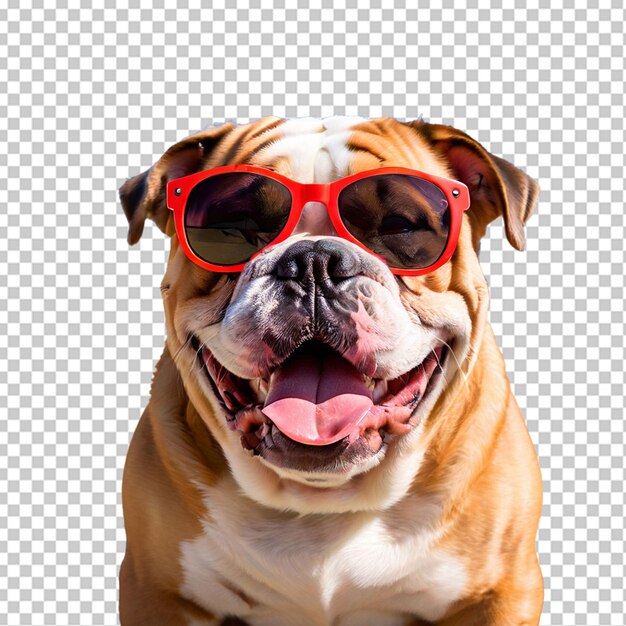 PSD um close de um bulldog inglês feliz com óculos de sol belo cão pronto para a praia de verão isolado em fundo transparente png