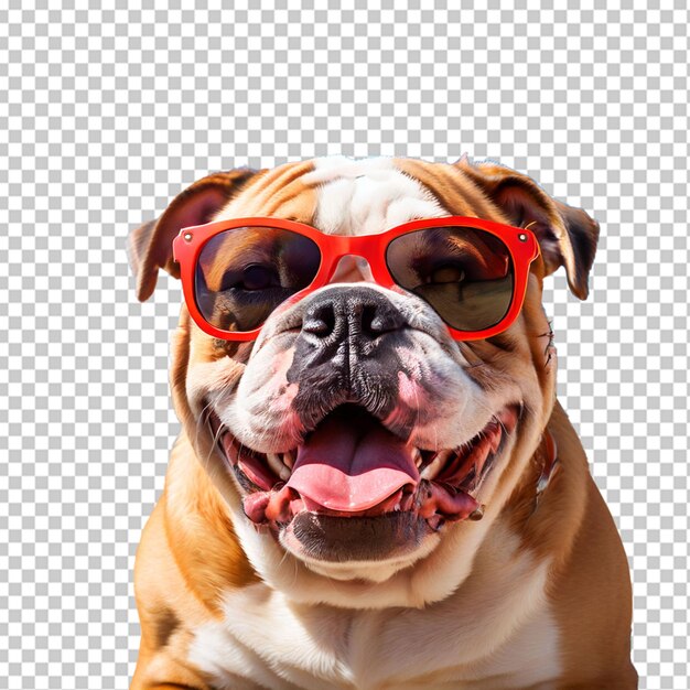 PSD um close de um bulldog inglês feliz com óculos de sol belo cão pronto para a praia de verão isolado em fundo transparente png