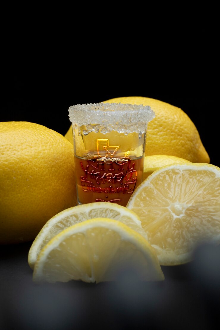 PSD um close de um copo de tequila.