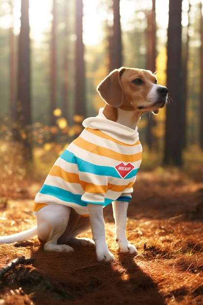 Um close-up de um cão a usar roupas