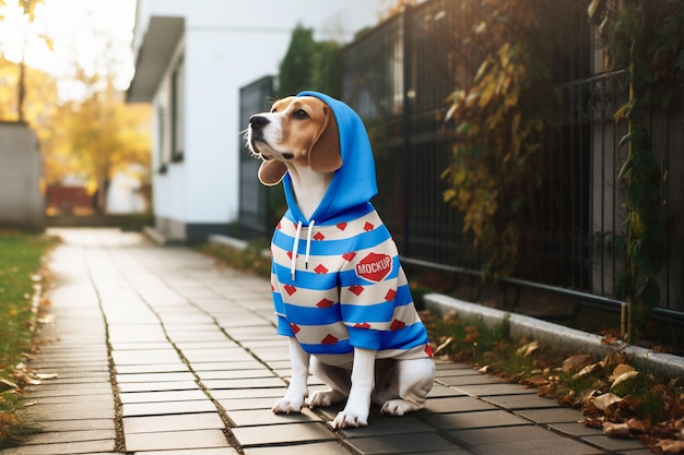 Um close-up de um cão a usar roupas