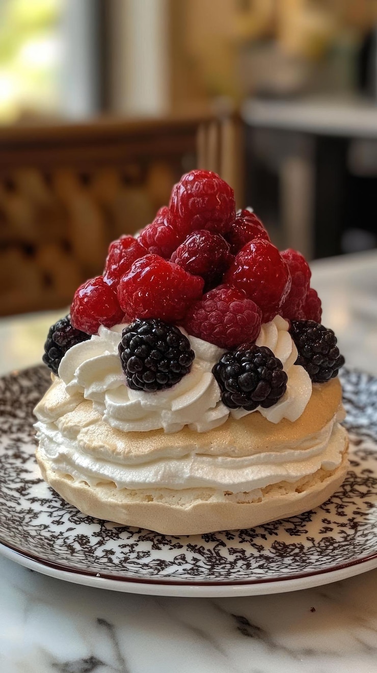 PSD um close-up de uma sobremesa de pavlova com creme batido e framboesas frescas e bagas em um prato desenhado