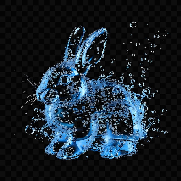 Um coelho azul com bolhas e bolhas em um fundo preto
