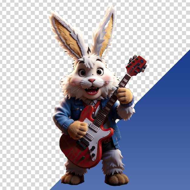 PSD um coelho com uma guitarra na cabeça está segurando uma guitarra