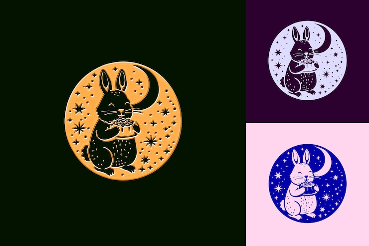 PSD um coelho com uma lua roxa e estrelas nele