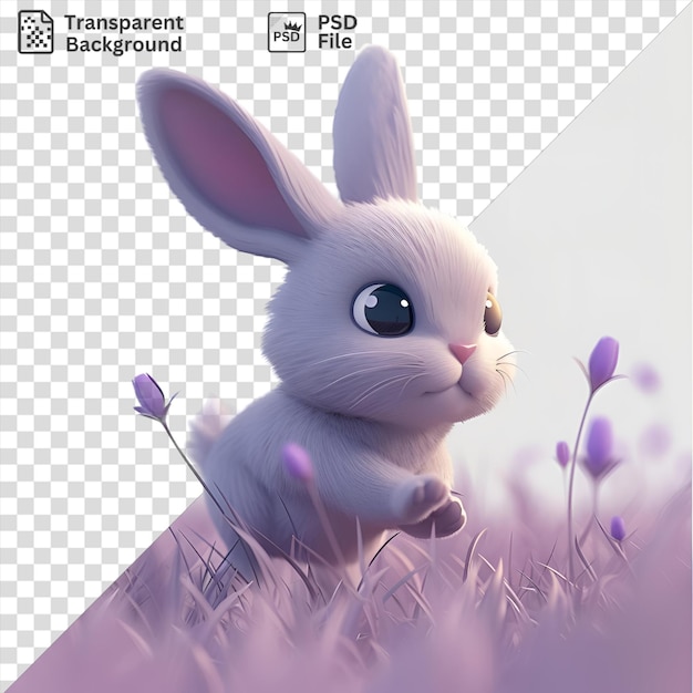 PSD um coelho de desenho animado em 3d pulando em um campo de flores roxas com um nariz rosa, boca fechada e olho preto enquanto um coelho branco olha
