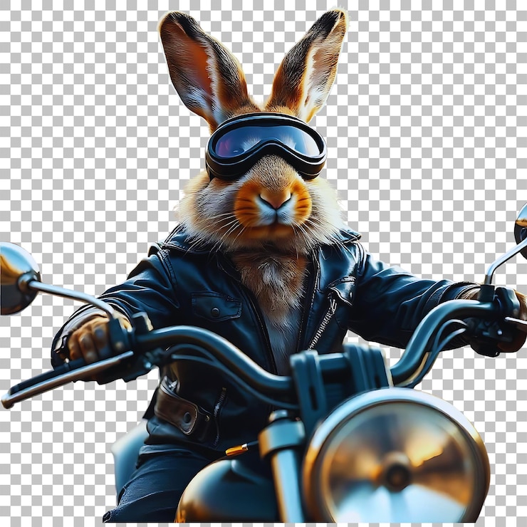 PSD um coelho está montando uma motocicleta com um espelho lateral
