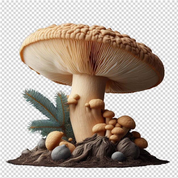 PSD um cogumelo com uma árvore de pinheiro no fundo