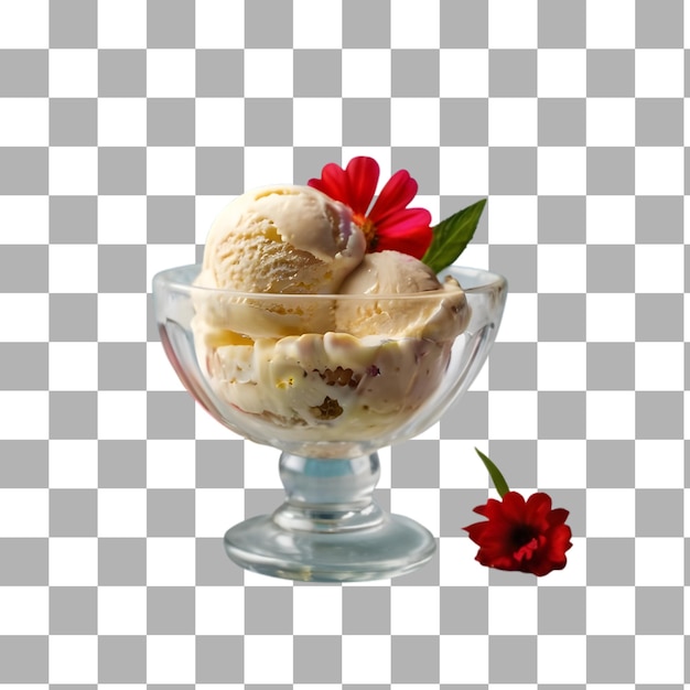 um cone de sorvete com flores e uma flor vermelha no centro