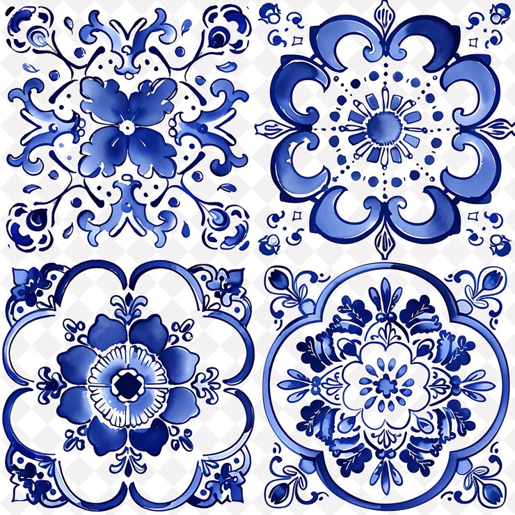 PSD um conjunto de azulejos azuis e brancos com desenhos azues e brancos
