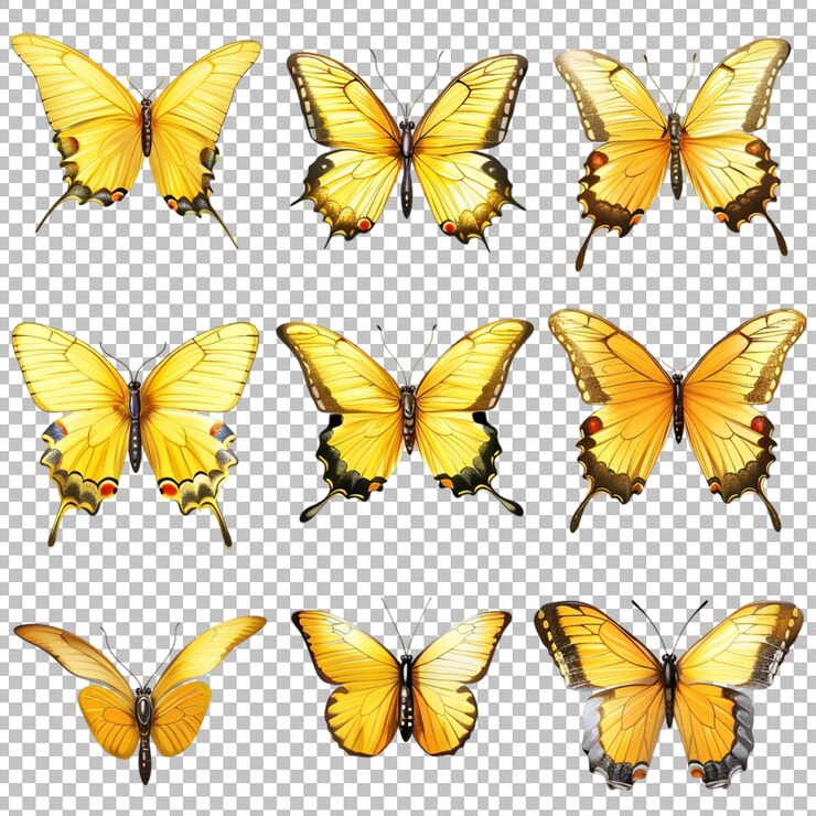 PSD um conjunto de borboletas com asas amarelas em fundo transparente png