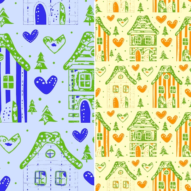 PSD um conjunto de casas coloridas com um padrão verde e laranja