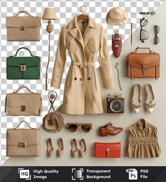 PSD um conjunto de coleção de moda vintage com uma variedade de itens elegantes, incluindo um vestido castanho, casaco castanho e óculos pretos, bolsa castanha, câmera prateada e botas castanhas exibidas em