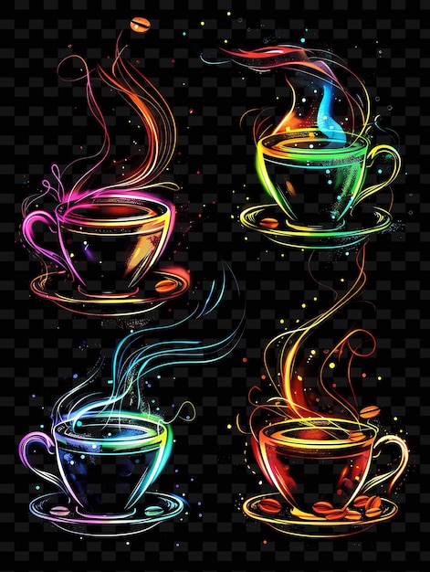 Um conjunto de copos de café com fumaça colorida