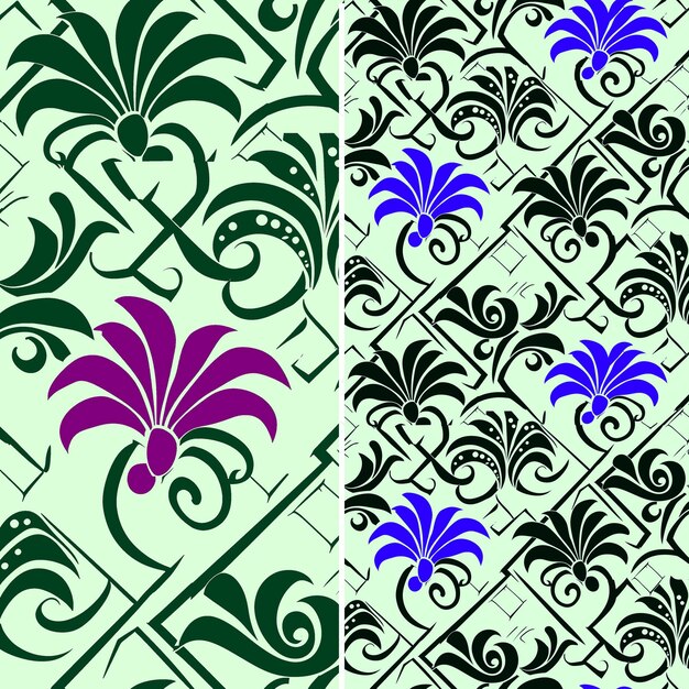 Um conjunto de diferentes desenhos com flores roxas e verdes