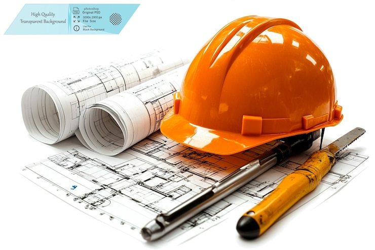 PSD um conjunto de ferramentas de construção, incluindo um capacete laranja em fundo transparente
