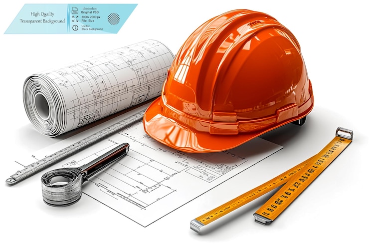 PSD um conjunto de ferramentas de construção, incluindo um capacete laranja em fundo transparente