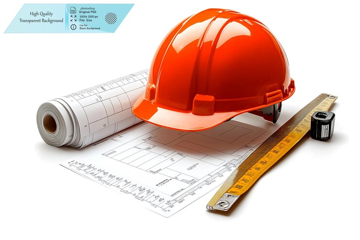 PSD um conjunto de ferramentas de construção, incluindo um capacete laranja em fundo transparente