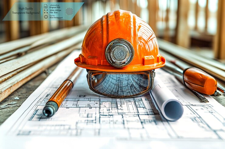 PSD um conjunto de ferramentas de construção, incluindo um capacete laranja em fundo transparente