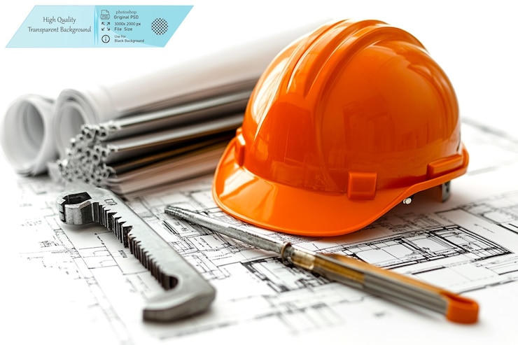 PSD um conjunto de ferramentas de construção, incluindo um capacete laranja em fundo transparente