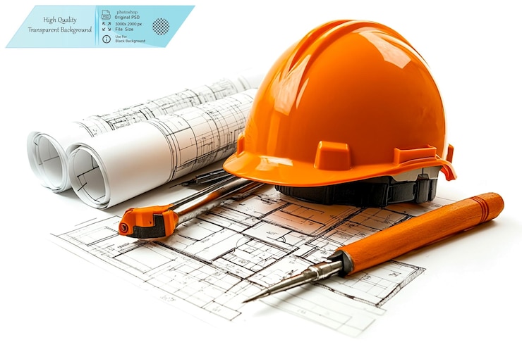 PSD um conjunto de ferramentas de construção, incluindo um capacete laranja em fundo transparente