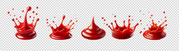 PSD um conjunto de gotas vermelhas e salpicos de ketchup ou molhos isolados em um fundo transparente