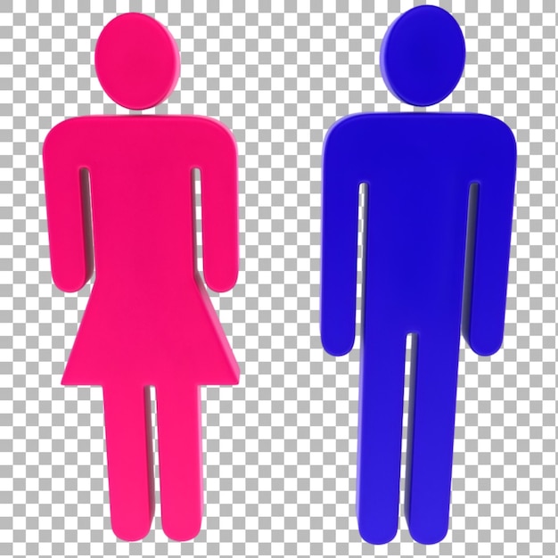 Um conjunto de ícones de banheiros de desenhos animados com uma figura masculina e feminina em rosa e azul projetados para uma indicação clara de gênero em espaços públicos