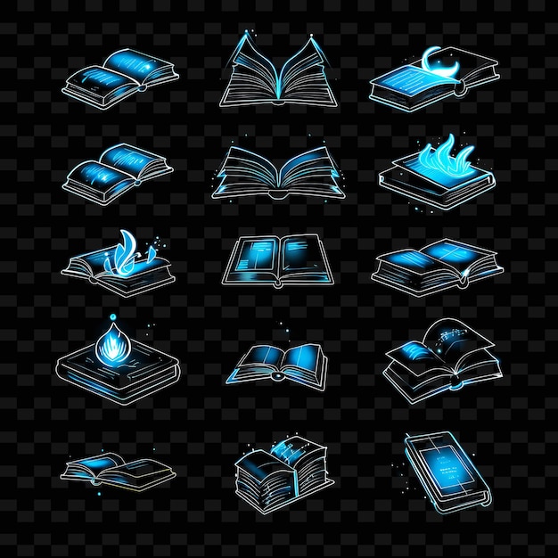 Um conjunto de ícones de livros com luminescência giratória em pixelado png iconic y2k shape art decorative